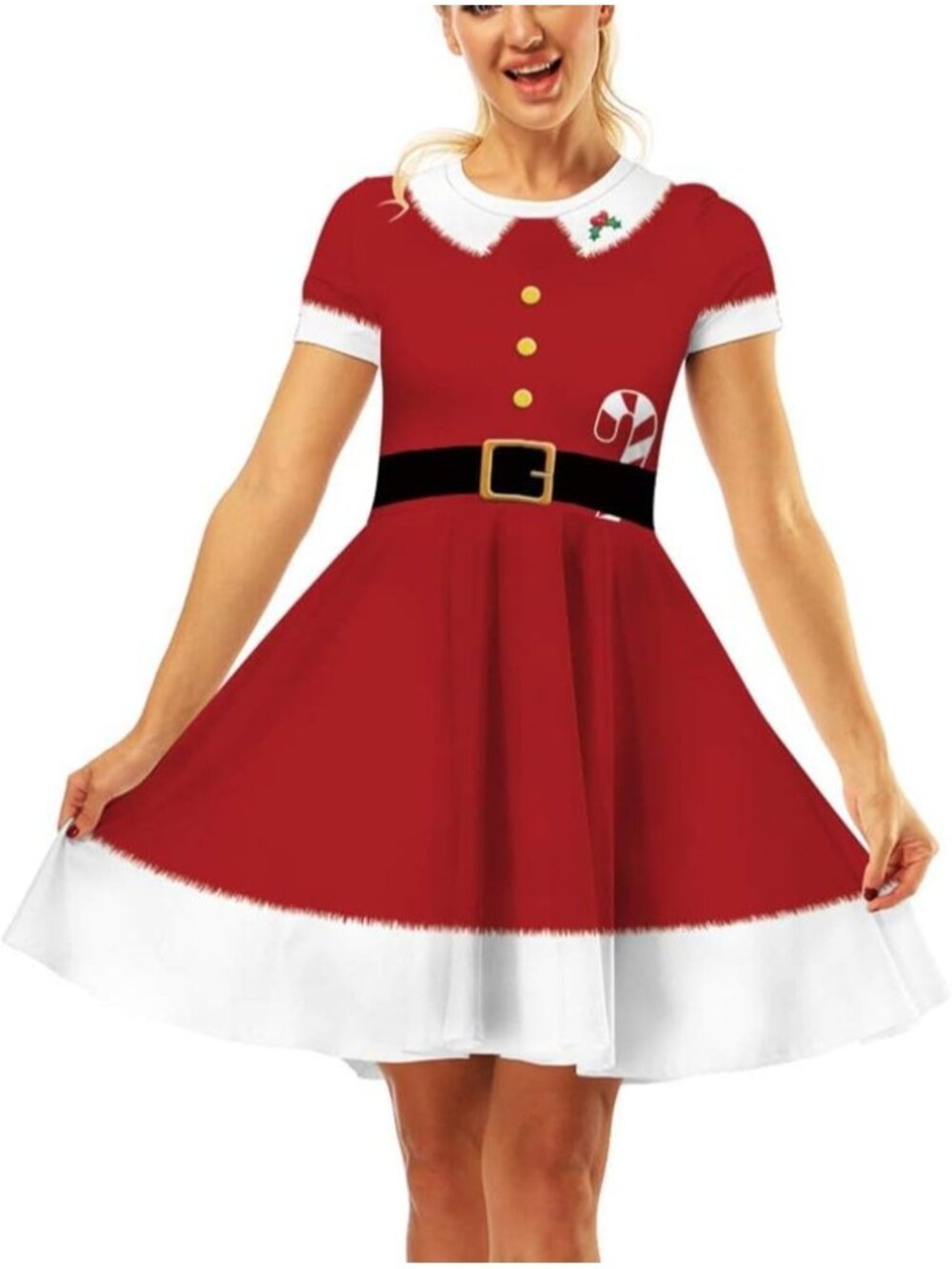 Women's Santa Comfortable Print Holiday Xmas Belt is print Ugly Christmas Dress